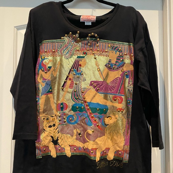 Vintage Women’s Cotton Code Black Jeweled Shirt Egyptian Pharaoh One Size EUC - Picture 3 of 3